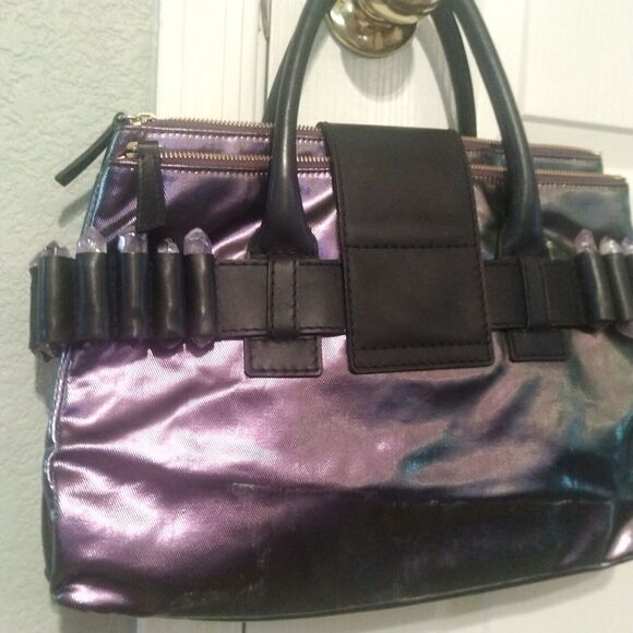 Ports 1961 Purple Metallic Leather Messenger Hand Bag Purse w/ Stone Accent - Picture 7 of 15